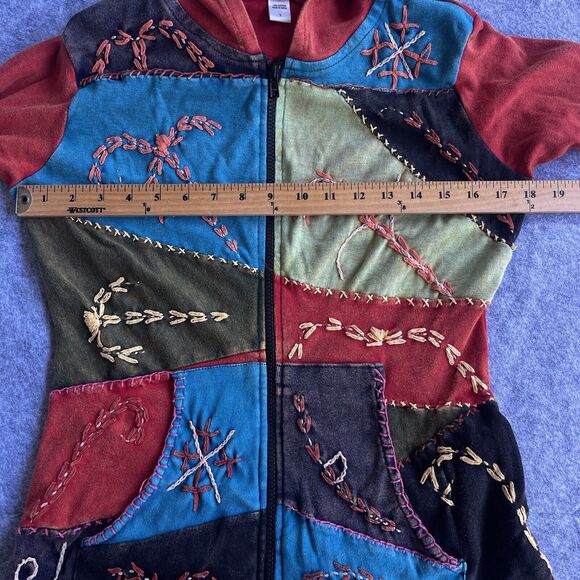 Patchwork Boho Jacket Womens Small Hippie Embroidered Full Zip Hoodie Multicolor - Picture 5 of 8